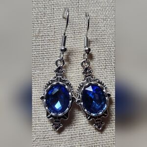 Elegant Royal Blue Silvertone Dangle Earrings